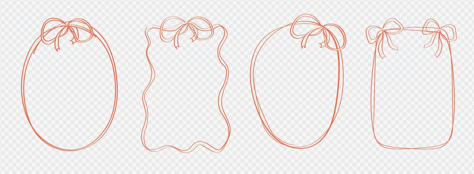 Set of frames square, rectangular, round with bows. Hand drawn cute wavy frame doodle romantic illustration. vector