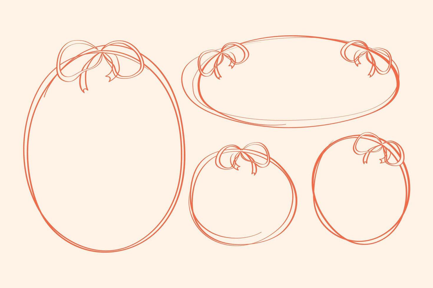 Round, oval frames with ribbon bows set. Cute linear doodle hand drawn design elements. Frame for cards, birthday and wedding invitations vector