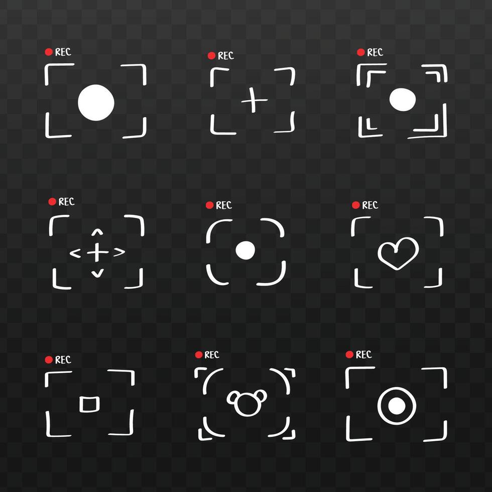 Camera viewfinder UI icons set with hand drawn doodle style recording symbols. UI display elements on dark background vector