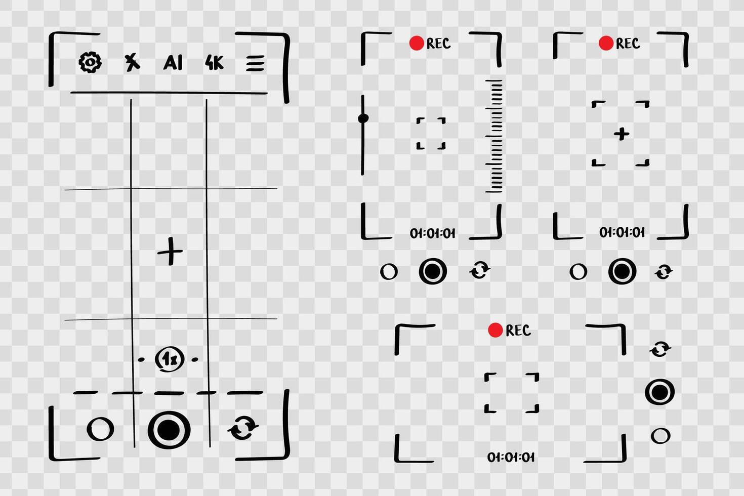Camera Recording Interface Elements. Viewfinder HUD Icons with REC, Focus Grid, Zoom, and Controls. Doodle style sketch. vector