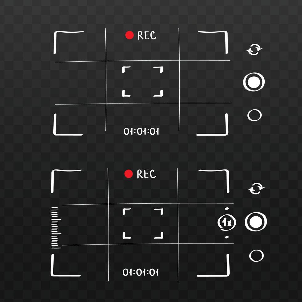 Camera viewfinder screen with recording elements. Grid, REC icon, interface design on dark background. hand drawn in doodle style vector
