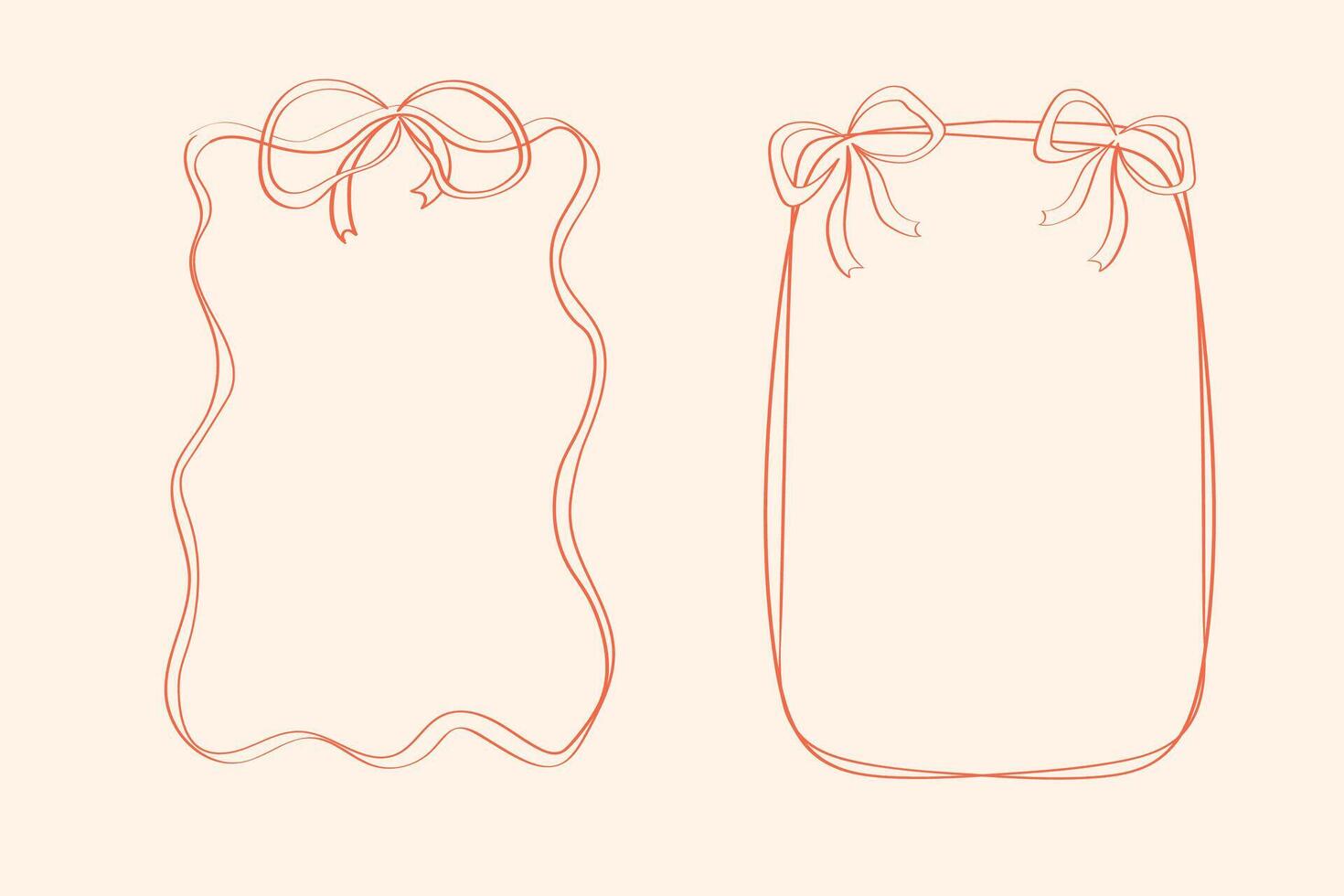 Two vintage frames with bows. Trendy doodle elegant ribbon frames and bows. Design elements for wedding cards, birthday invitations. Wavy, fancy retro decorative shapes set vector
