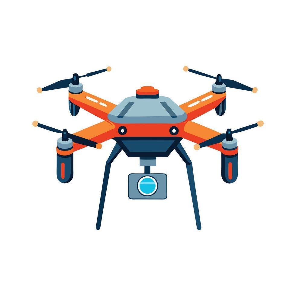 a flat illustration of a drone in orange color and a camera vector