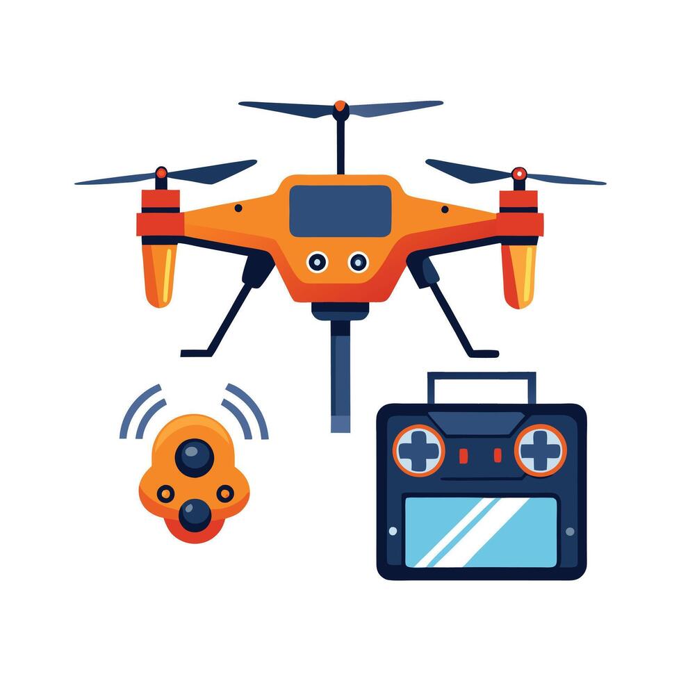 a flat illustration a orange color drone remote vector