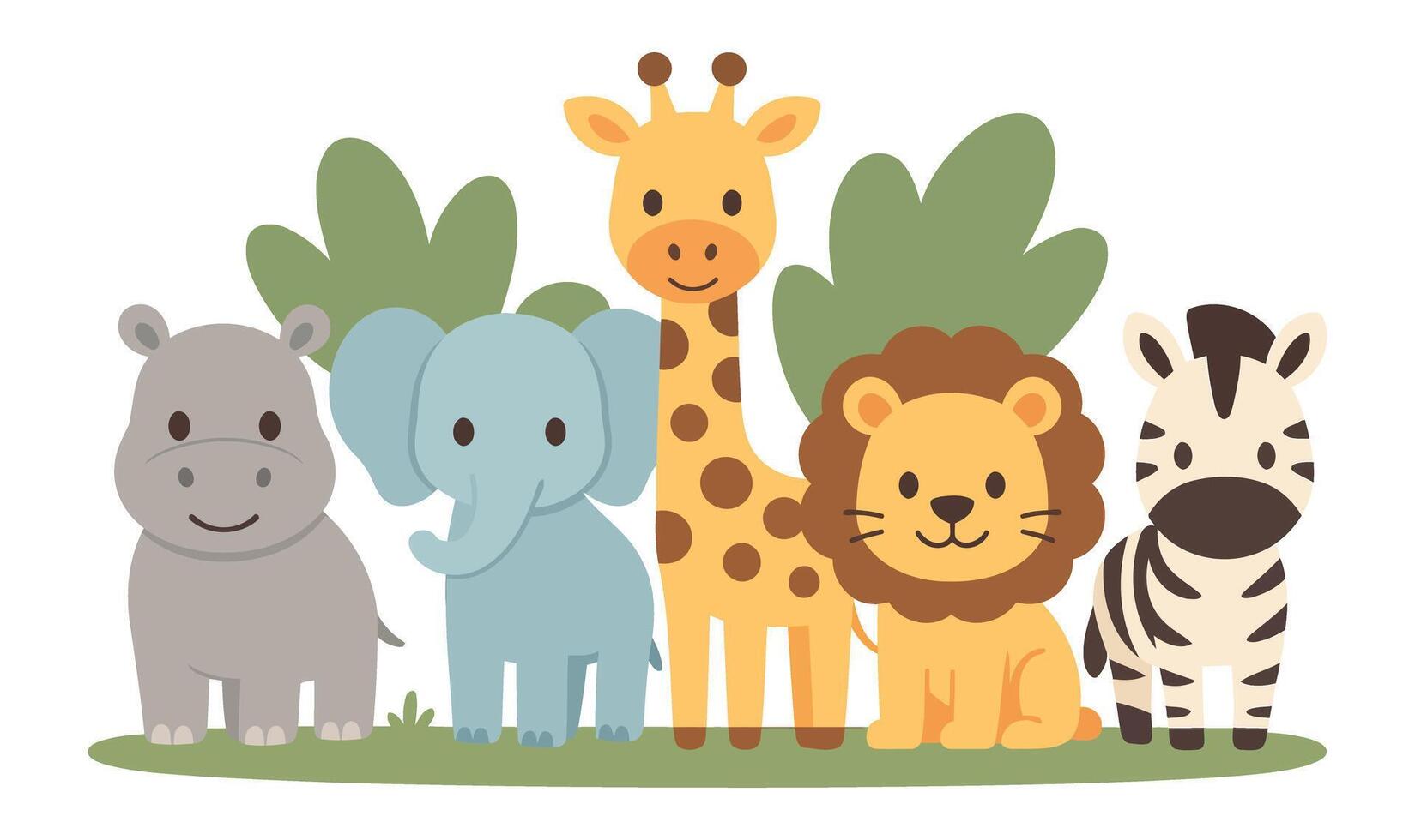 Cute Jungle Animals Cartoon with Lion, Elephant, Giraffe, Zebra, and Hippo on Transparent Background vector
