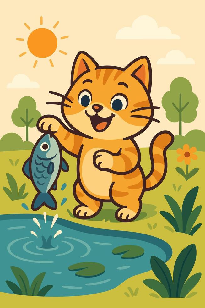 Happy Orange Kitten Catching a Fish from the Water in a Fun Outdoor Illustration vector