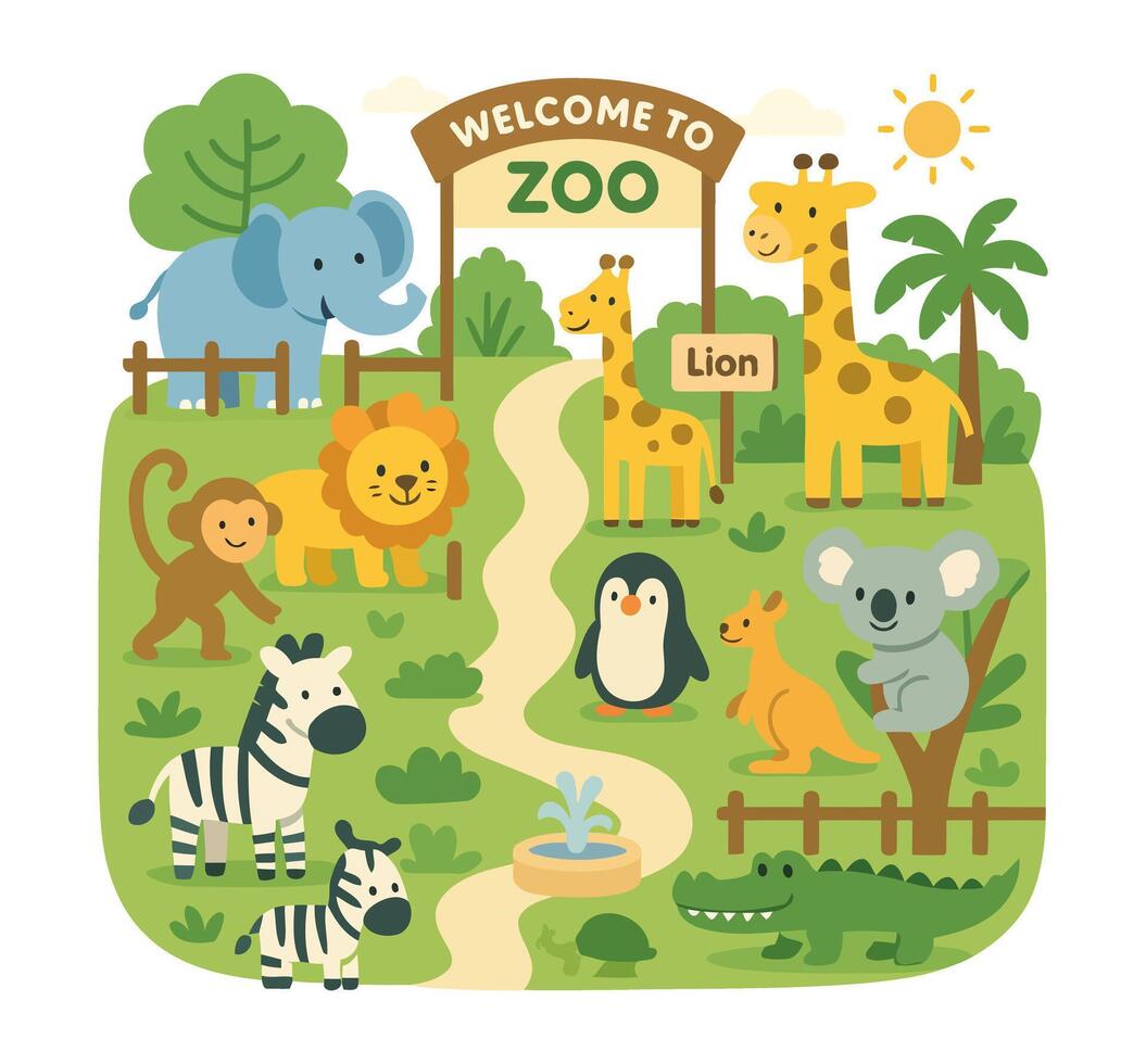 Cartoon Animal Park with Jungle Creatures and Playful Scenery in Child-Friendly Design vector