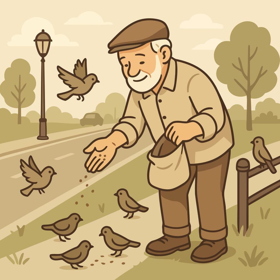 Senior Man Enjoying Bird Feeding in a Calm Park Illustration vector