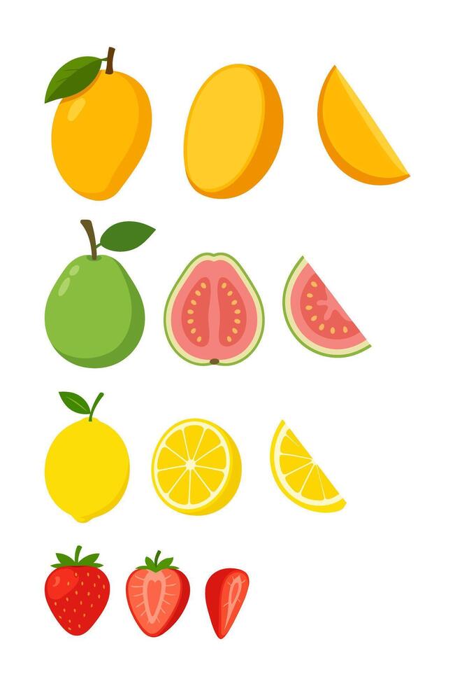 Colorful Set of Whole and Sliced Fruits Including Mango, Guava, Lemon, Pear, and Strawberry in Flat Style vector