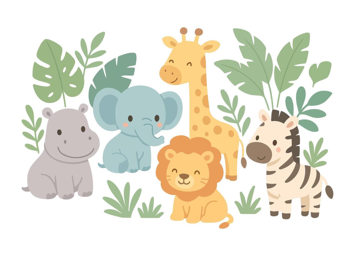 Adorable Jungle Animal Group Illustration with Hippo, Elephant, Lion, Giraffe, and Zebra vector