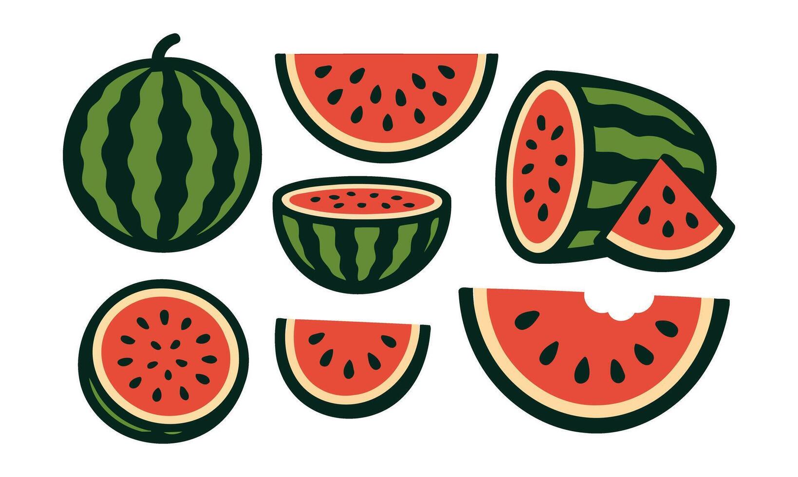 Cartoon Watermelon Set Featuring Whole, Sliced, and Bitten Fruit Illustrations vector