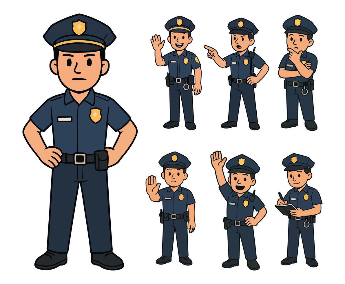 Set of Flat Style Police Officers Performing Different Actions in Blue Uniform vector