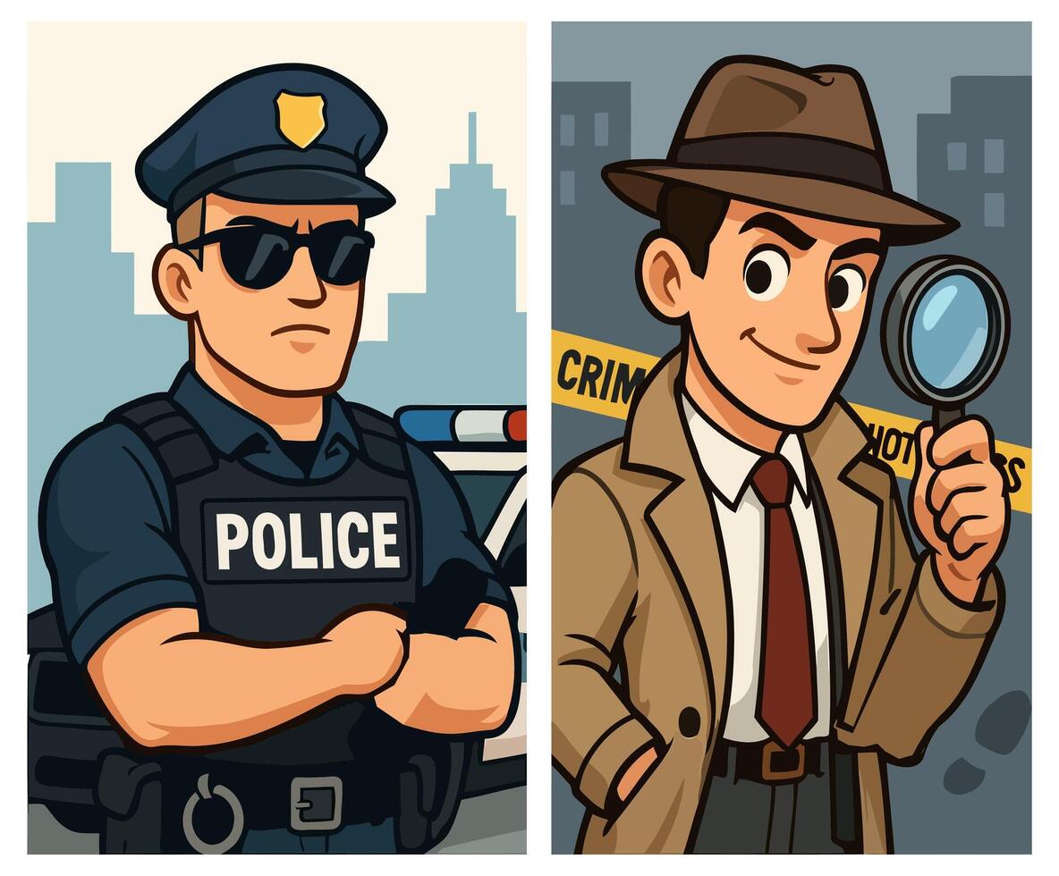 Cartoon Illustration of Police Officer and Detective with Crime Scene Background vector