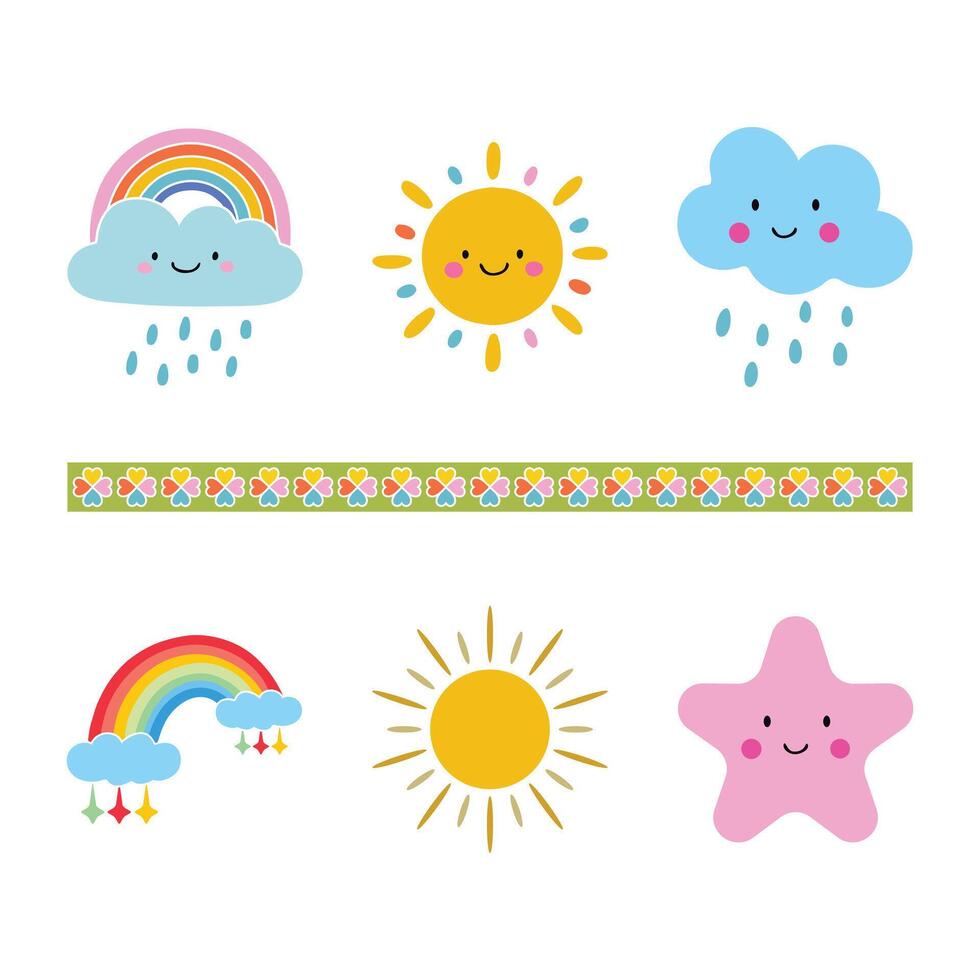 Hand Drawn Cute Weather clouds, sun, rainbow, and stars Icons with a Floral Border for Kids Appeals and t-Shirt design vector