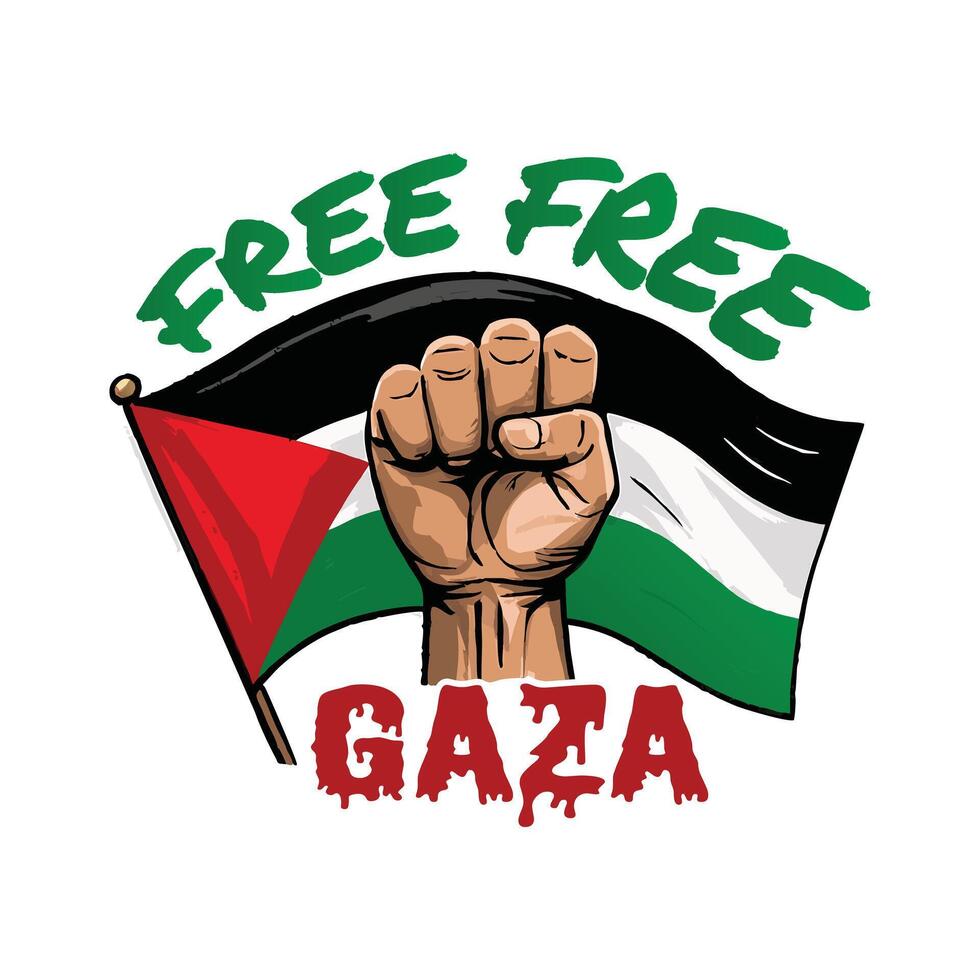 Free Free Gaza Free Palestine, Raised fist, Palestinian flag, Support for Freedom in Gaza Palestine vector