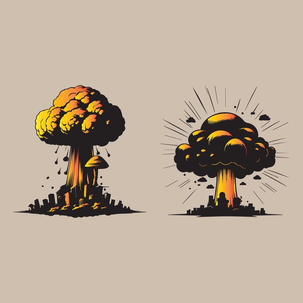 Atomic Bomb Explosions over a City Destruction, Nuclear Explosive Mushroom Smoke Clouds in Retro Comic Style Art Illustration vector