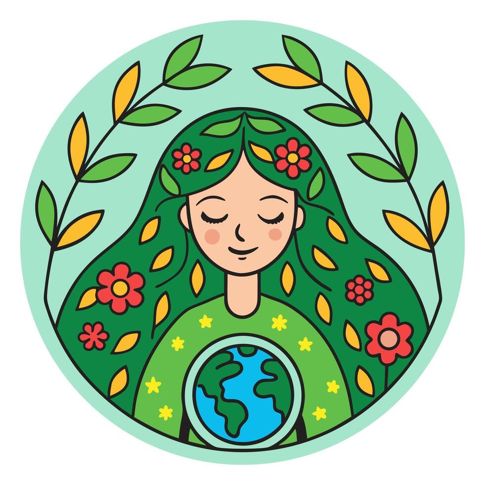 Earth Mother Goddess with Floral Hair and Globe in White Background vector