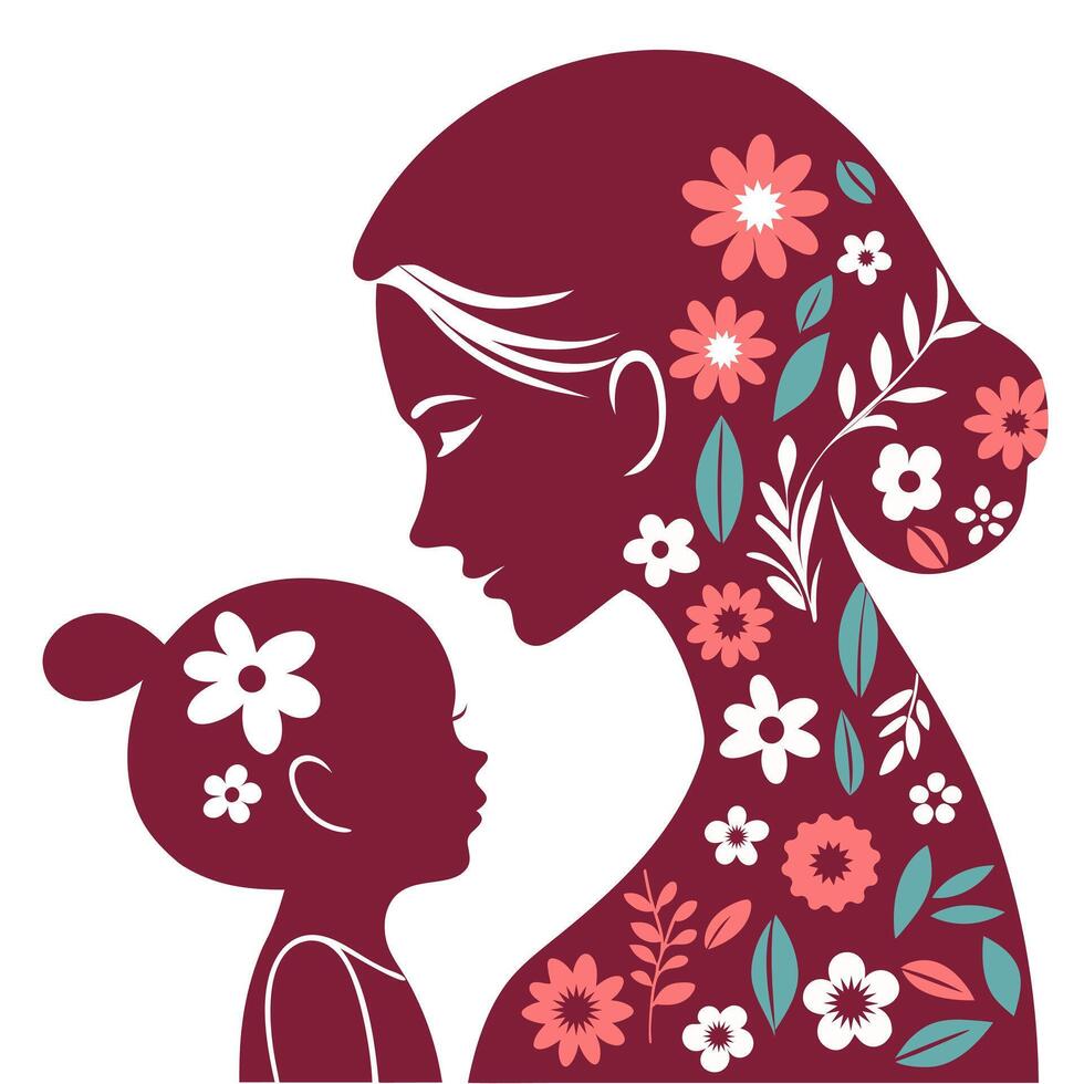 Floral Mother and Child Silhouette in White Background vector
