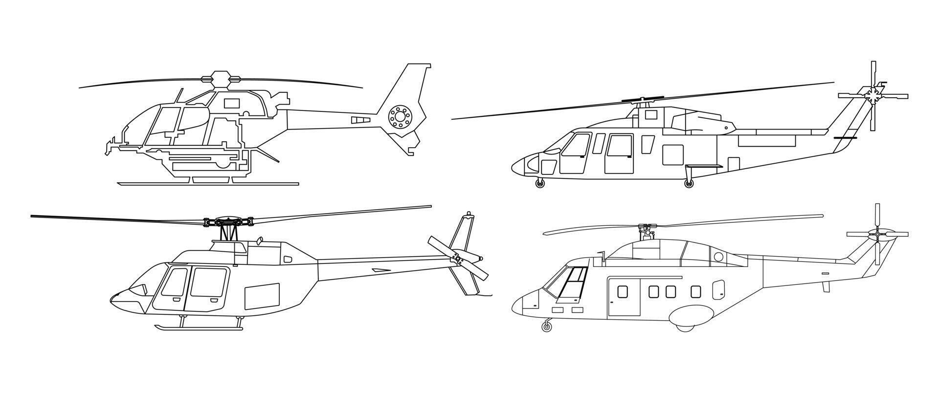 Helicopter set outline various angles vector