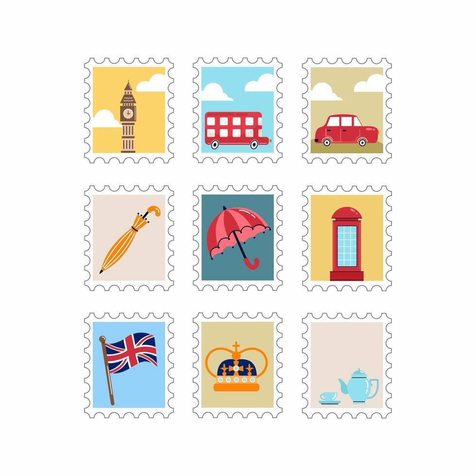 a collection of postage stamps on the theme of England and London. vector