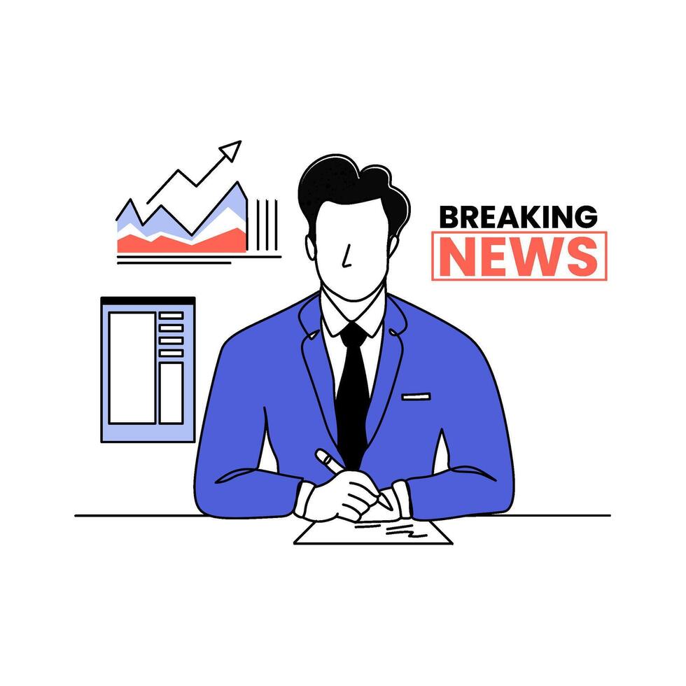 Graphic of a news presenter sharing urgent financial updates with global and market visuals. Implies real-time information. Perfect for trading, investment platforms vector