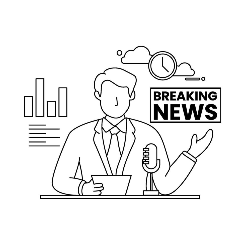 Line art depicts a news anchor reporting breaking news with a microphone, clock, and charts. Atmosphere is serious, timely. Perfect for news, finance, business visuals vector