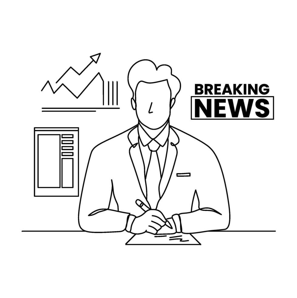 Simple line drawing of a news anchor reporting breaking events with a clock indicating immediacy. Atmosphere is informative, critical. Perfect for news blogs, articles. vector