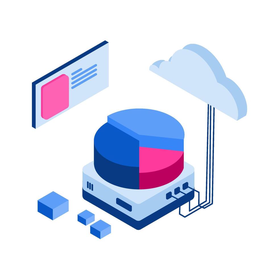 datos análisis visualización isométrica ilustración de línea gráficos y un 3d tarta gráfico con servidor bastidores transporta datos complejidad, conocimiento. Perfecto para tecnología blogs, datos Ciencias visuales vector