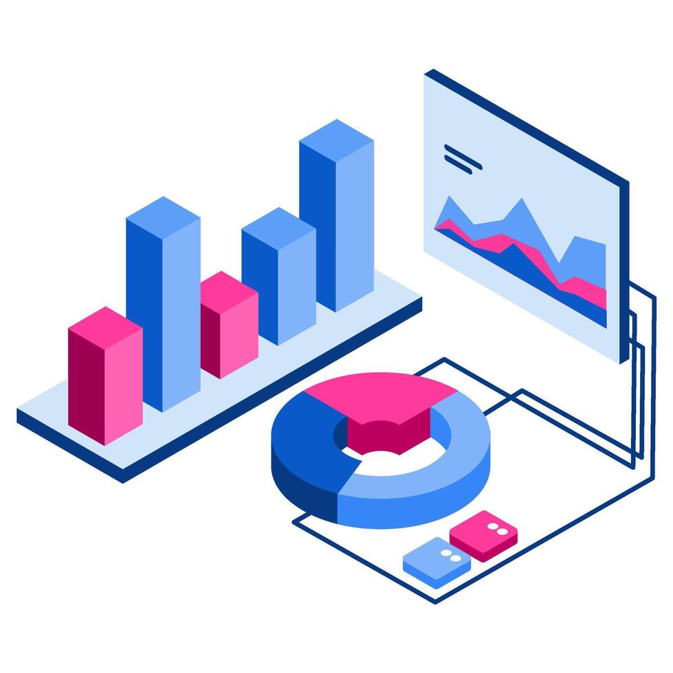 Isometric illustration of line graphs and a 3D pie chart with server racks. Conveys data complexity, insight. Perfect for tech blogs, data science visuals vector