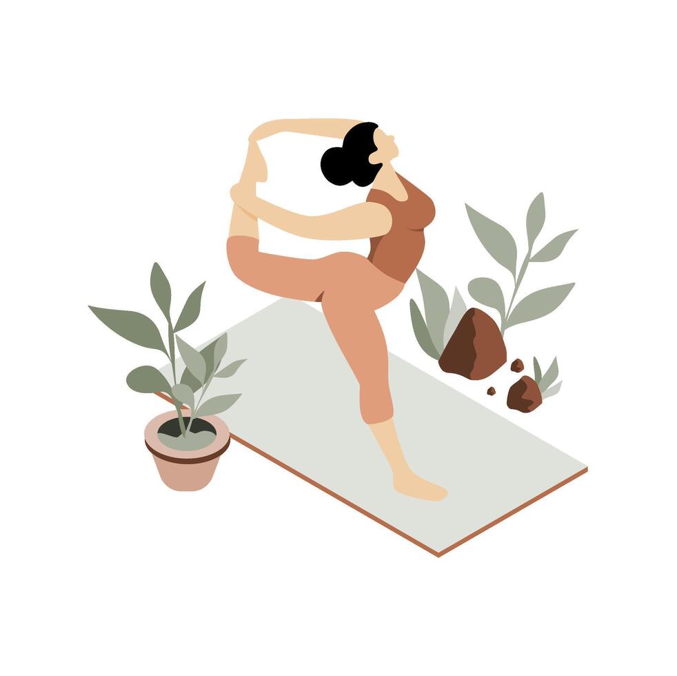 Stylized female figure performing a standing backbend yoga pose. Conveys balance, strength, flexibility. Perfect for yoga studios, health blogs. vector