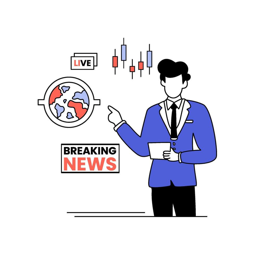 Illustration of a news anchor pointing to a world map and stock data. Suggests a live, critical update. Perfect for finance blogs, business websites vector
