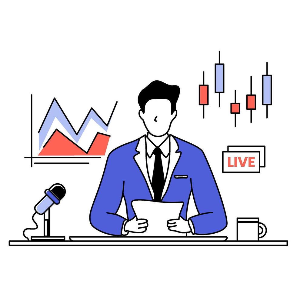 presenter reporting breaking news on world economics with stock market indicators. Atmosphere is current, important. Perfect for financial news, analysis vector