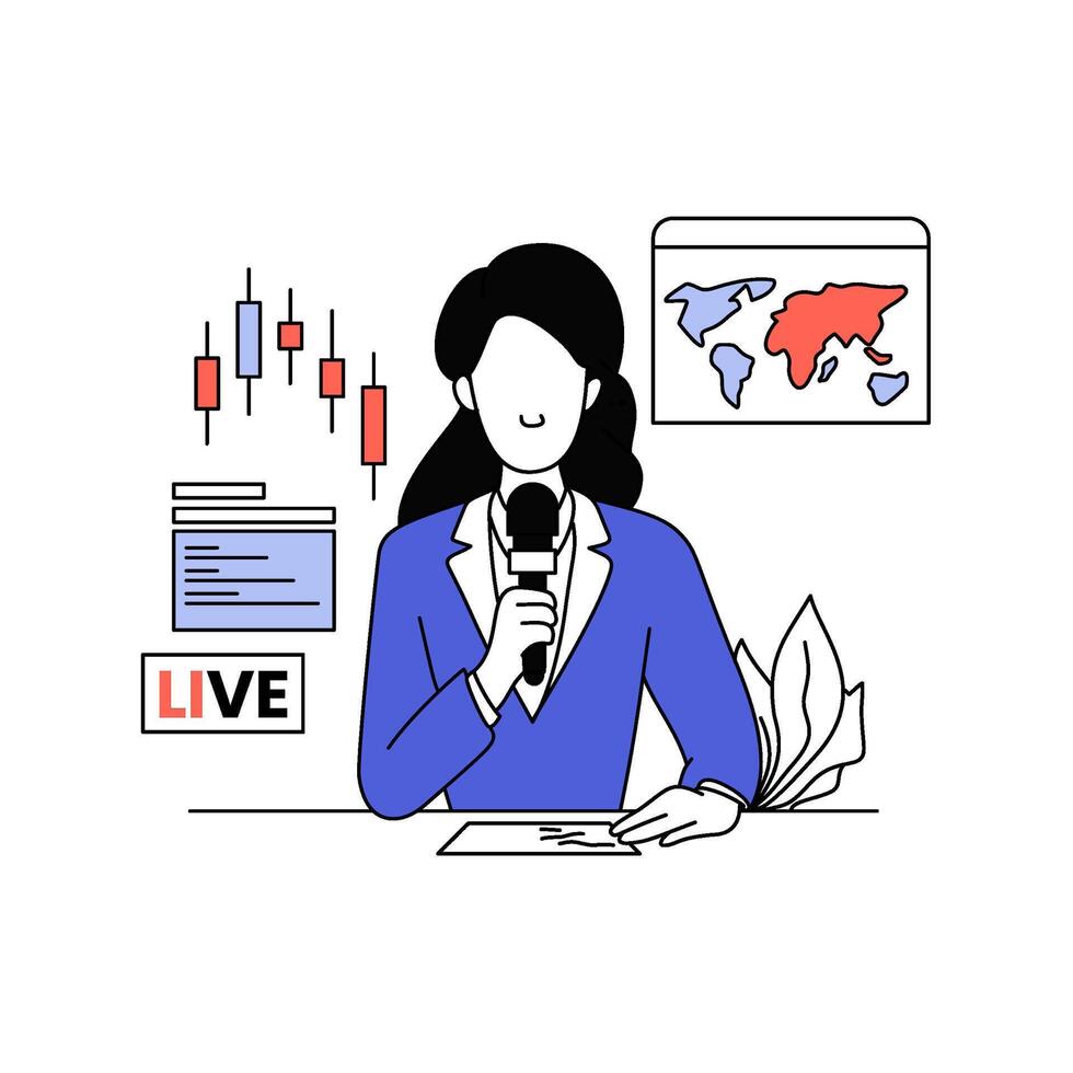 A presenter in a blue suit delivers breaking financial news with world map and stock chart. Atmosphere is serious, informative. Perfect for business, finance, news visuals vector
