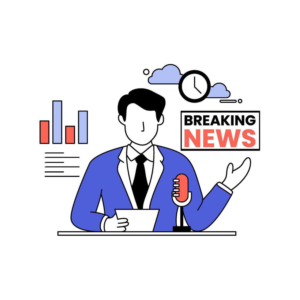 Stylized man presenting breaking news on global markets with candlestick chart. Conveys timely financial information. Perfect for investment, stock market content vector