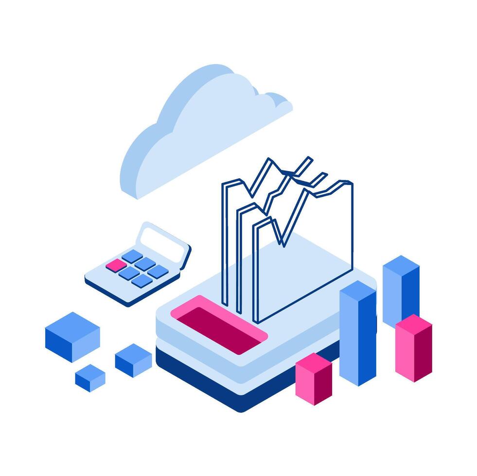 Flat isometric design of data displayed on screens with a 3D pie chart. Atmosphere is informative, tech-savvy. Perfect for data dashboards, business intelligence. vector