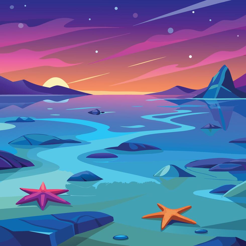a cartoon illustration of a starfish on the beach at sunset vector