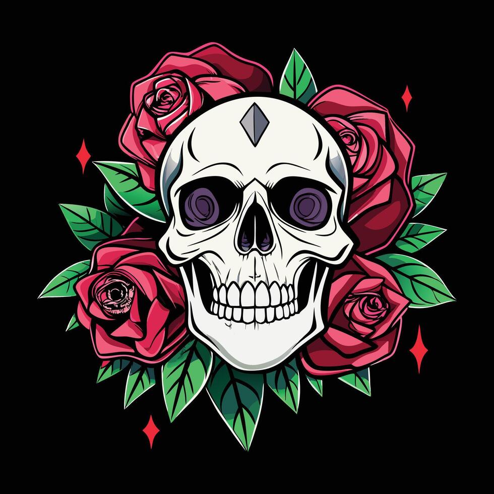 skull and roses tattoo design vector