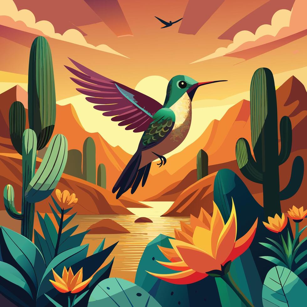 a colorful illustration of a hummingbird flying over a desert landscape vector