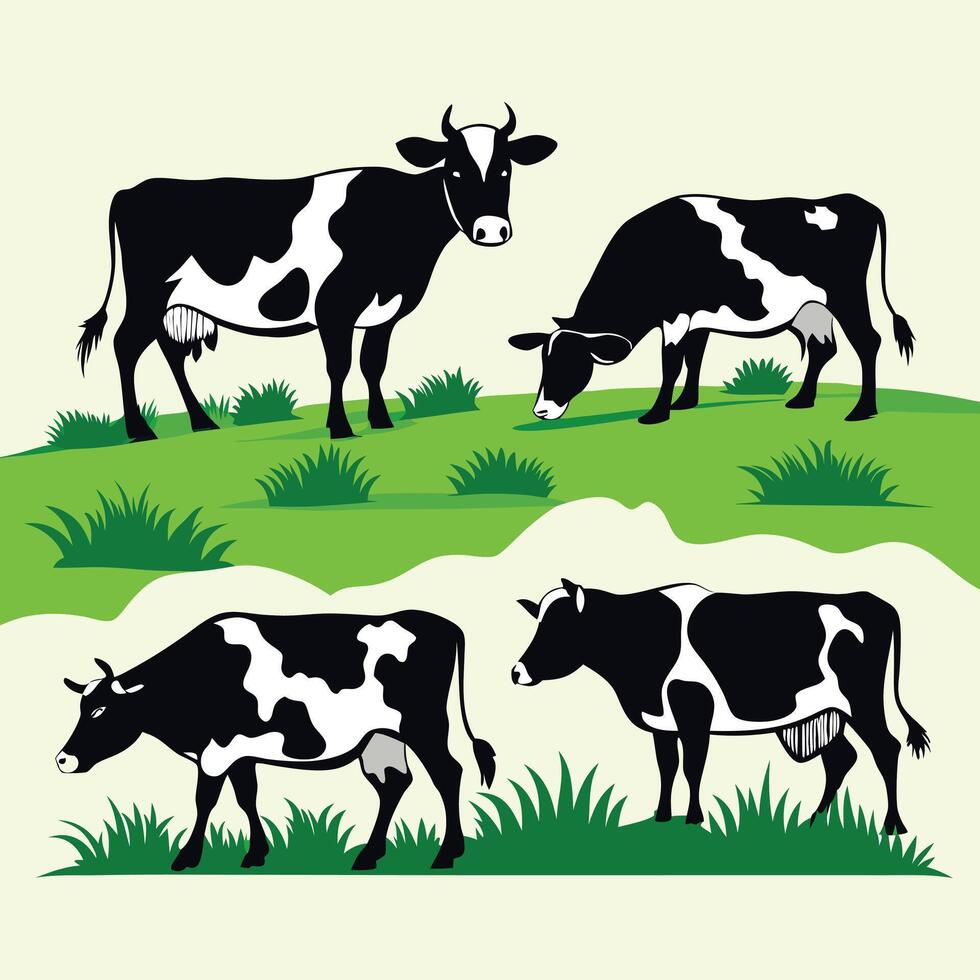 four cows grazing on a green field vector
