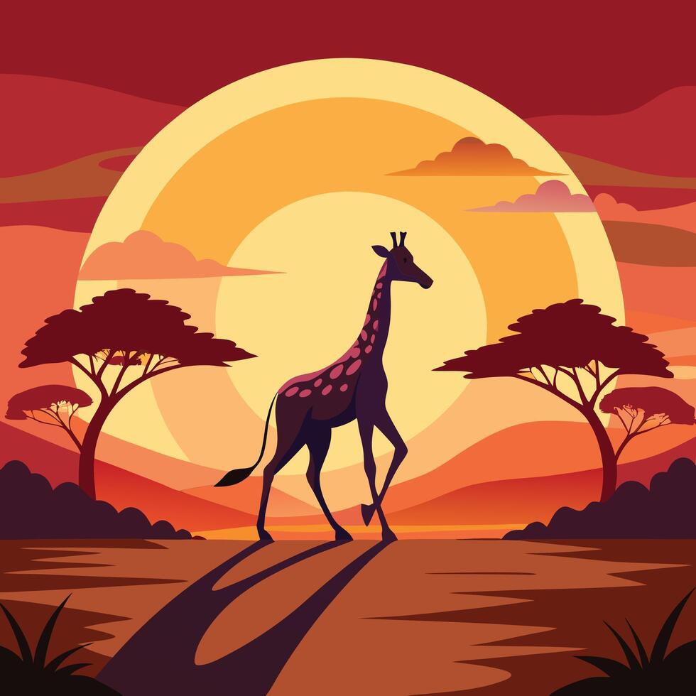 giraffe in african sunset background illustration vector