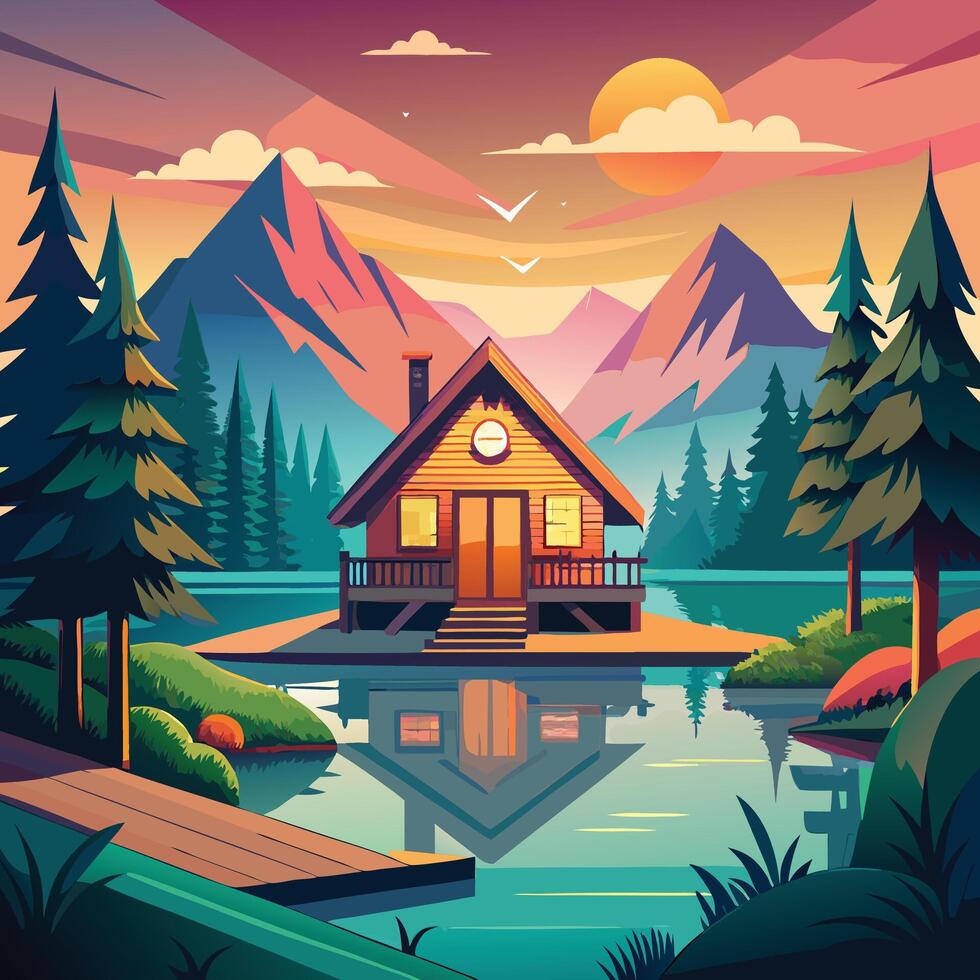 a cartoon illustration of a house on a lake vector
