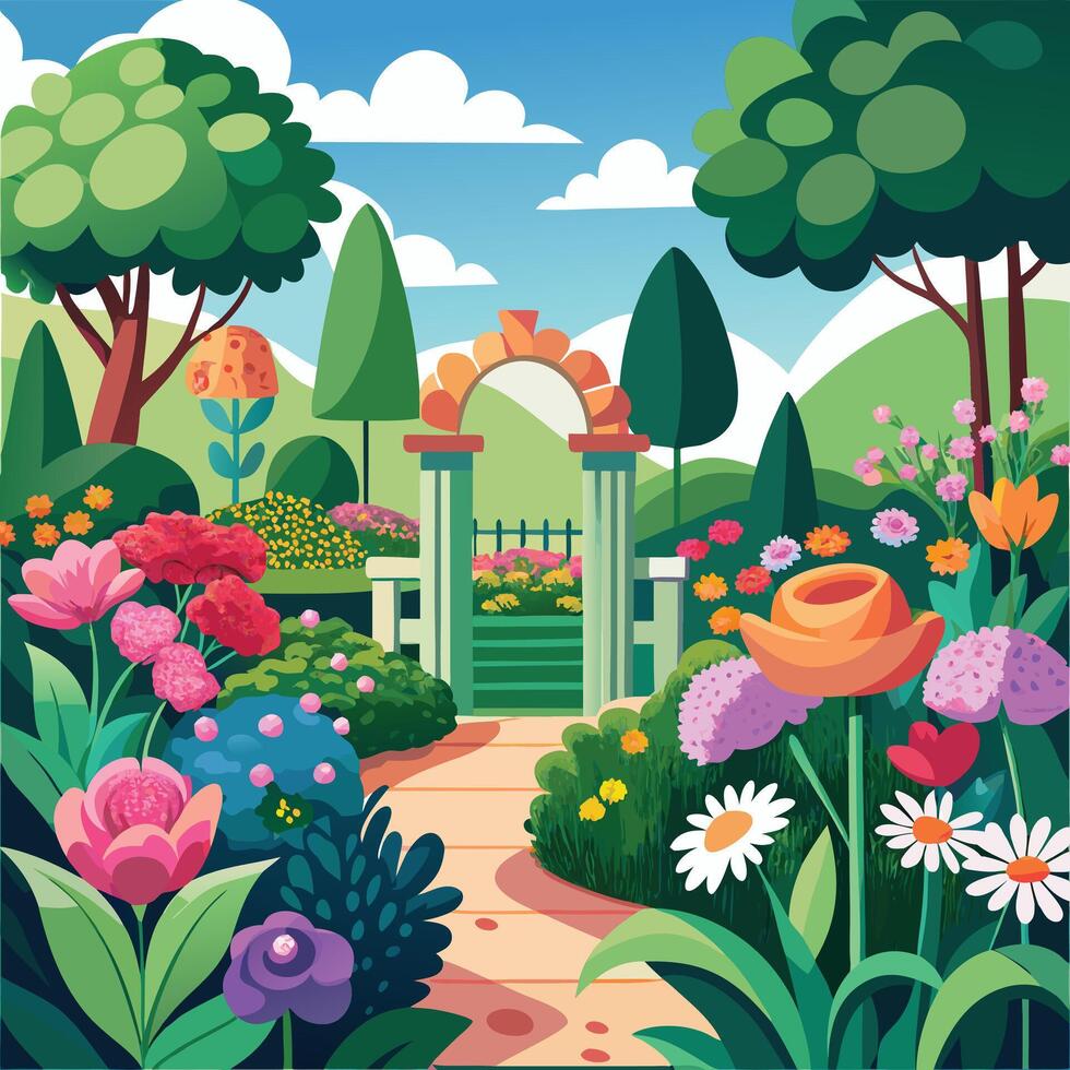 illustration of a garden with flowers and trees vector
