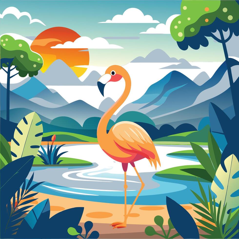 a watercolor painting of a flamingo standing sunset. vector