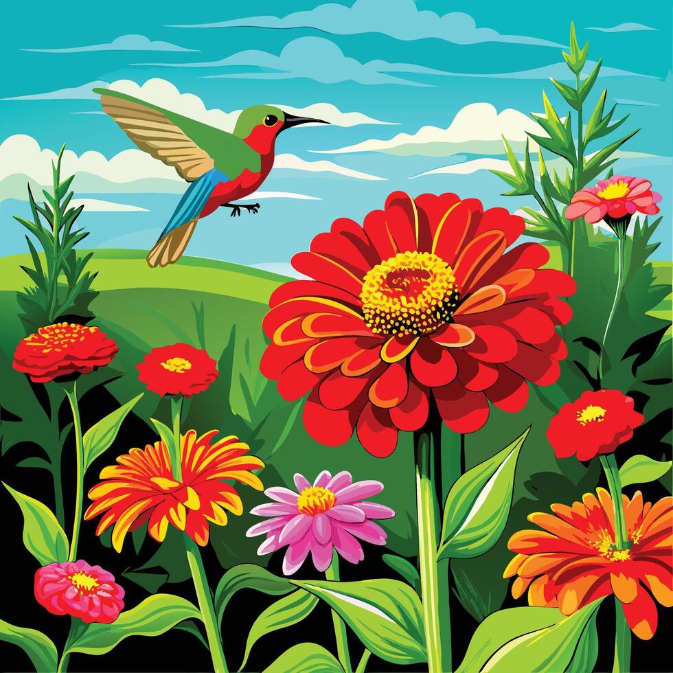 a painting of a bird flying over a field of flowers vector