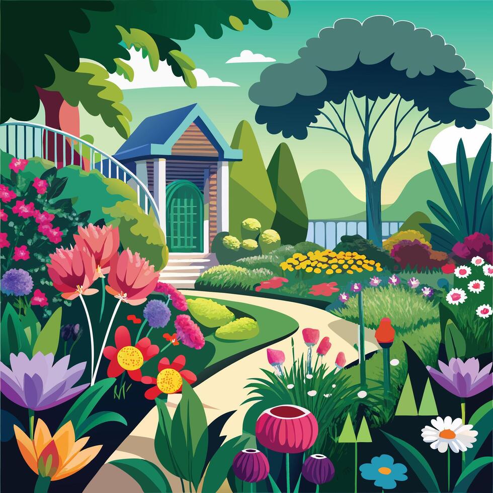 a cartoon illustration of a garden with flowers and trees vector