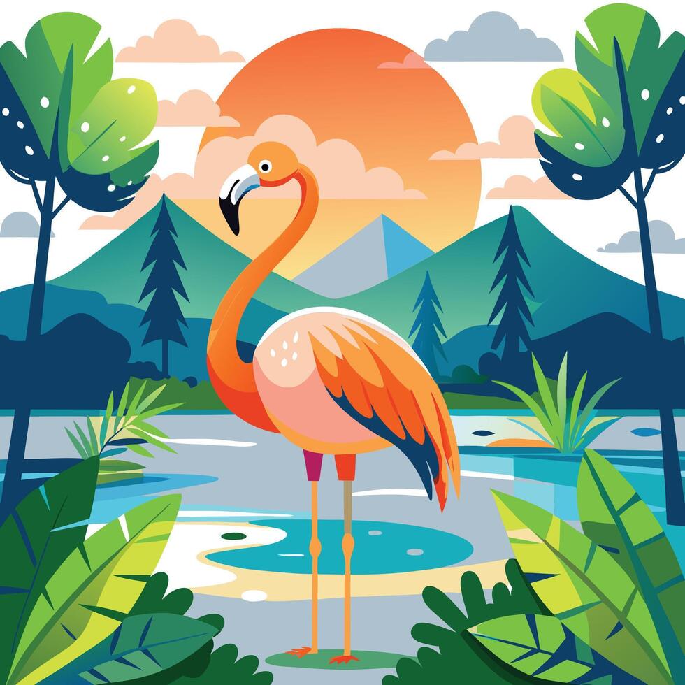 flamingo in the jungle at sunset illustration vector