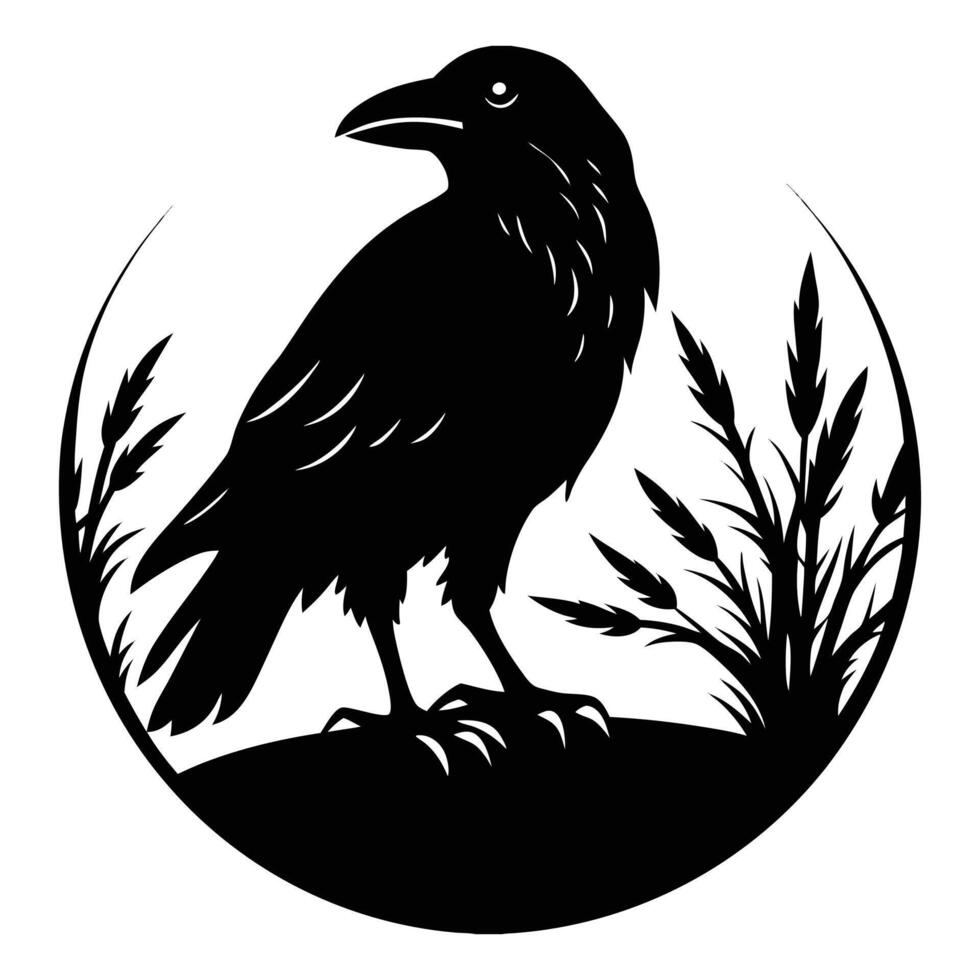 a black raven sitting on a branch in the grass vector
