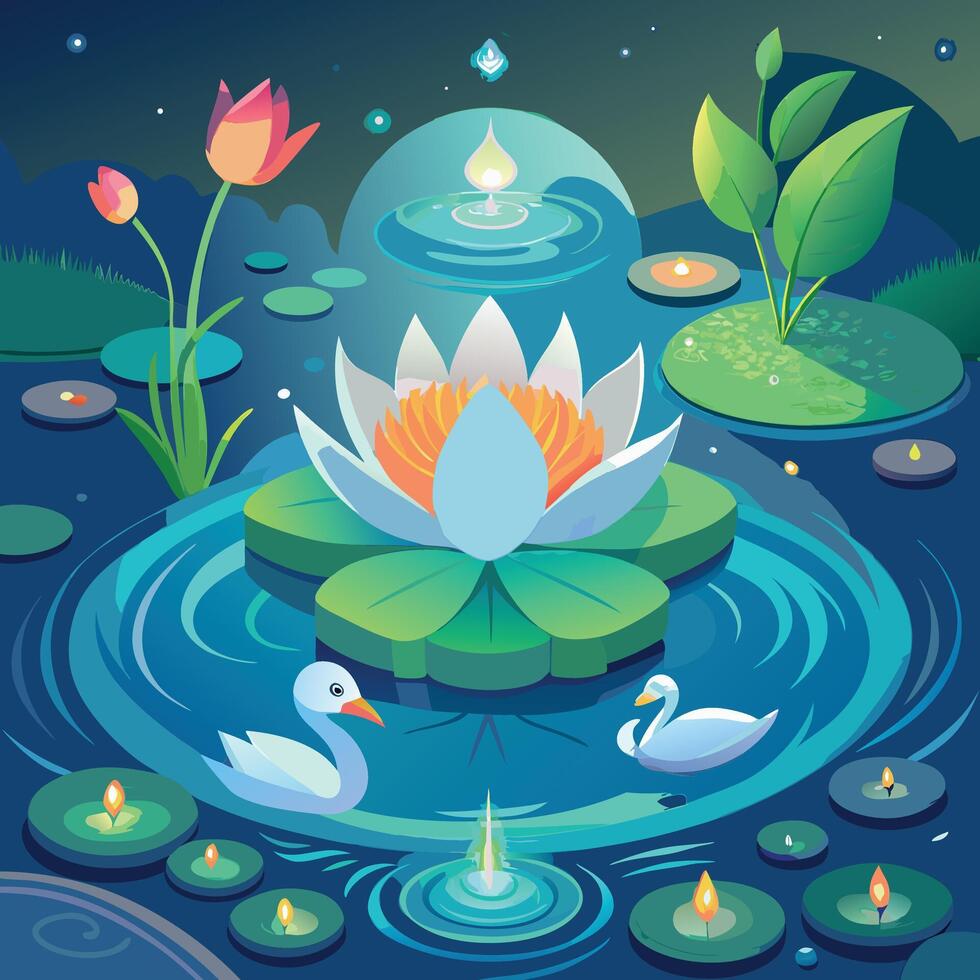lotus pond with swans and lotus flowers vector