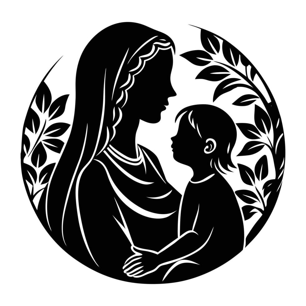 the mother and child silhouette is black and white vector