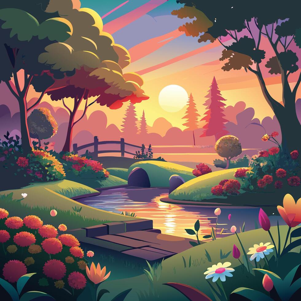 a cartoon landscape with a river and flowers vector